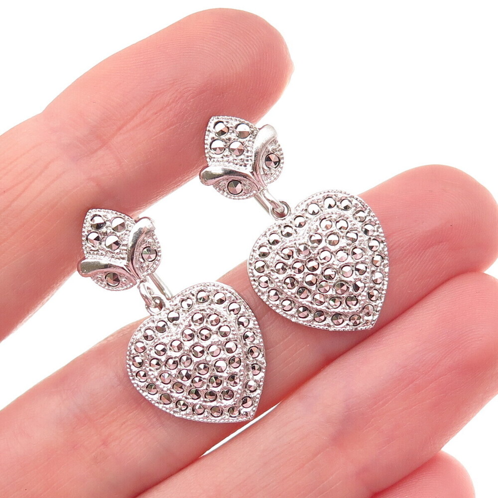 Theda 925 Sterling Silver Antique Art Deco Real Marcasite Heart Dangle Earrings